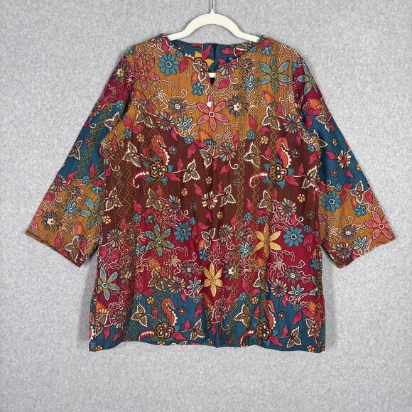 Dewi Fortuna Tunic Top XXL Batik Floral Textured Artsy Gypsy Bali Print Boho - Picture 1 of 12